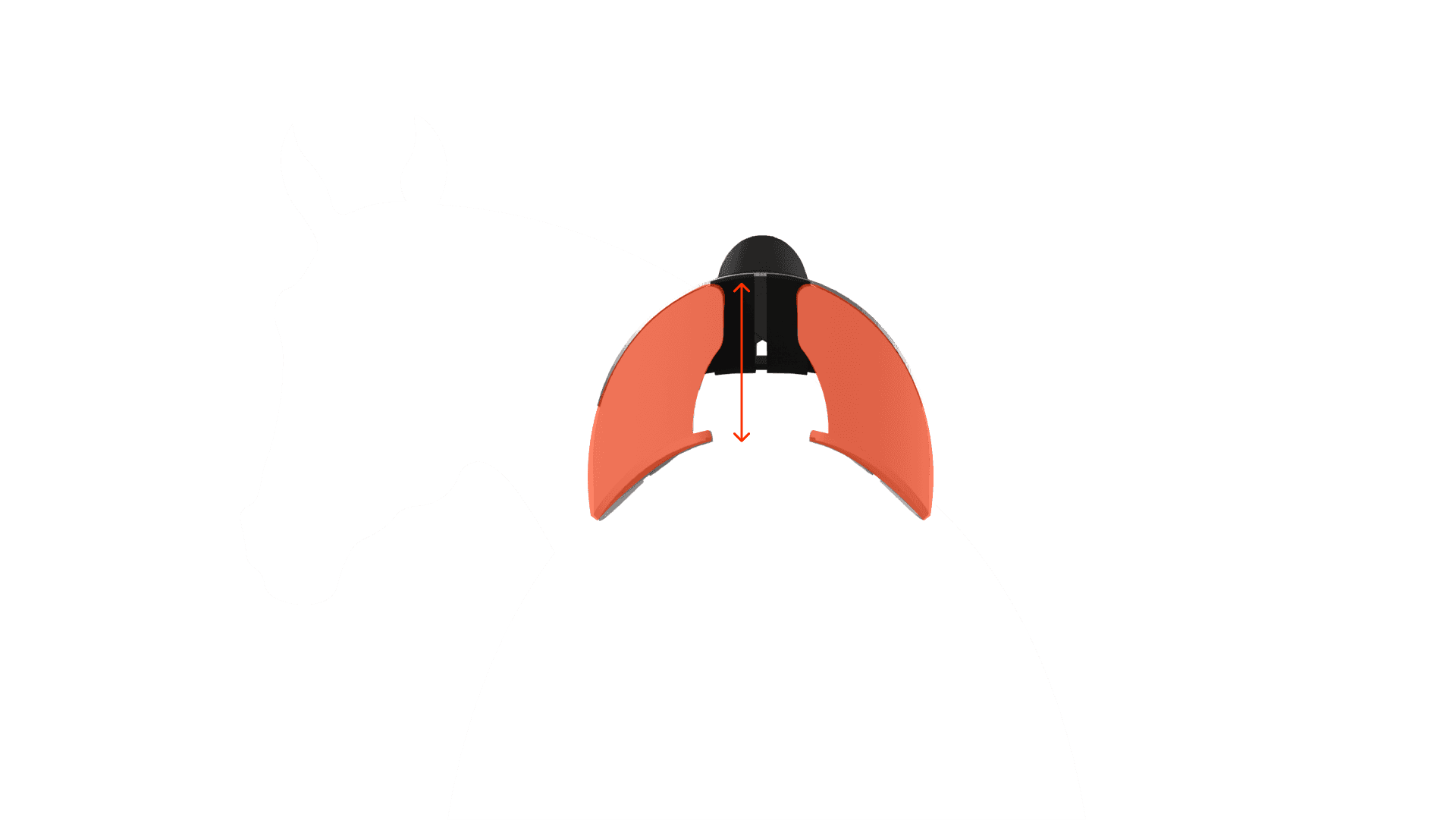Diagram: a white horse silhouette seen from the front, with the cantle in orange and a vertical arrow marking its height.