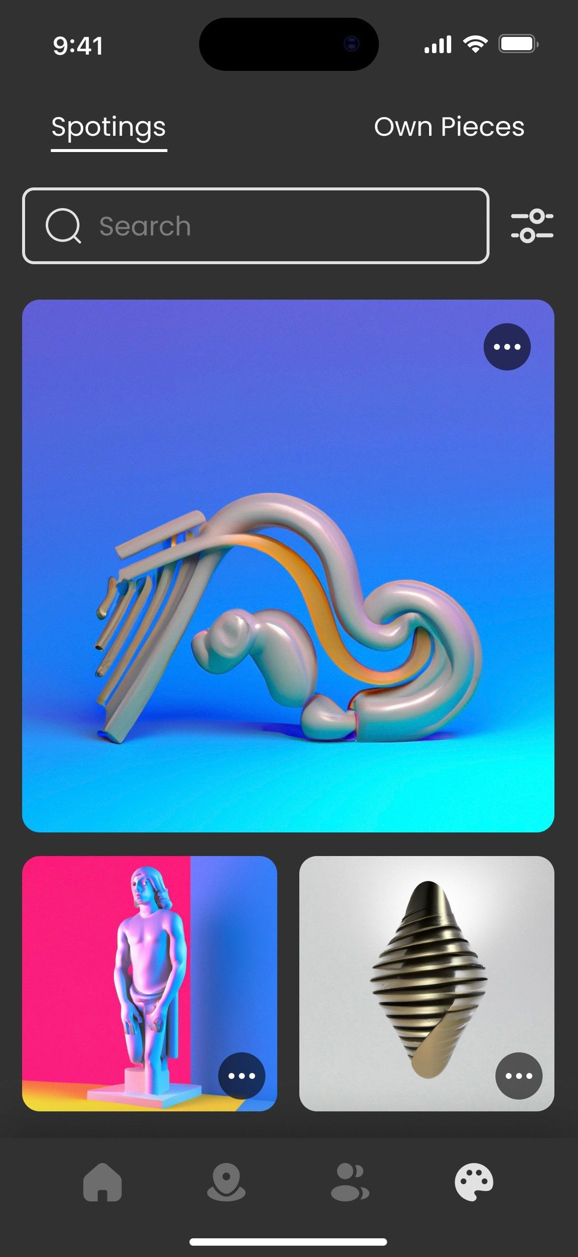Collection screen, tab Spotings: a large tile with a blue and orange 3D shape and two smaller tiles with a pink statue and a dark ribbed sculpture.