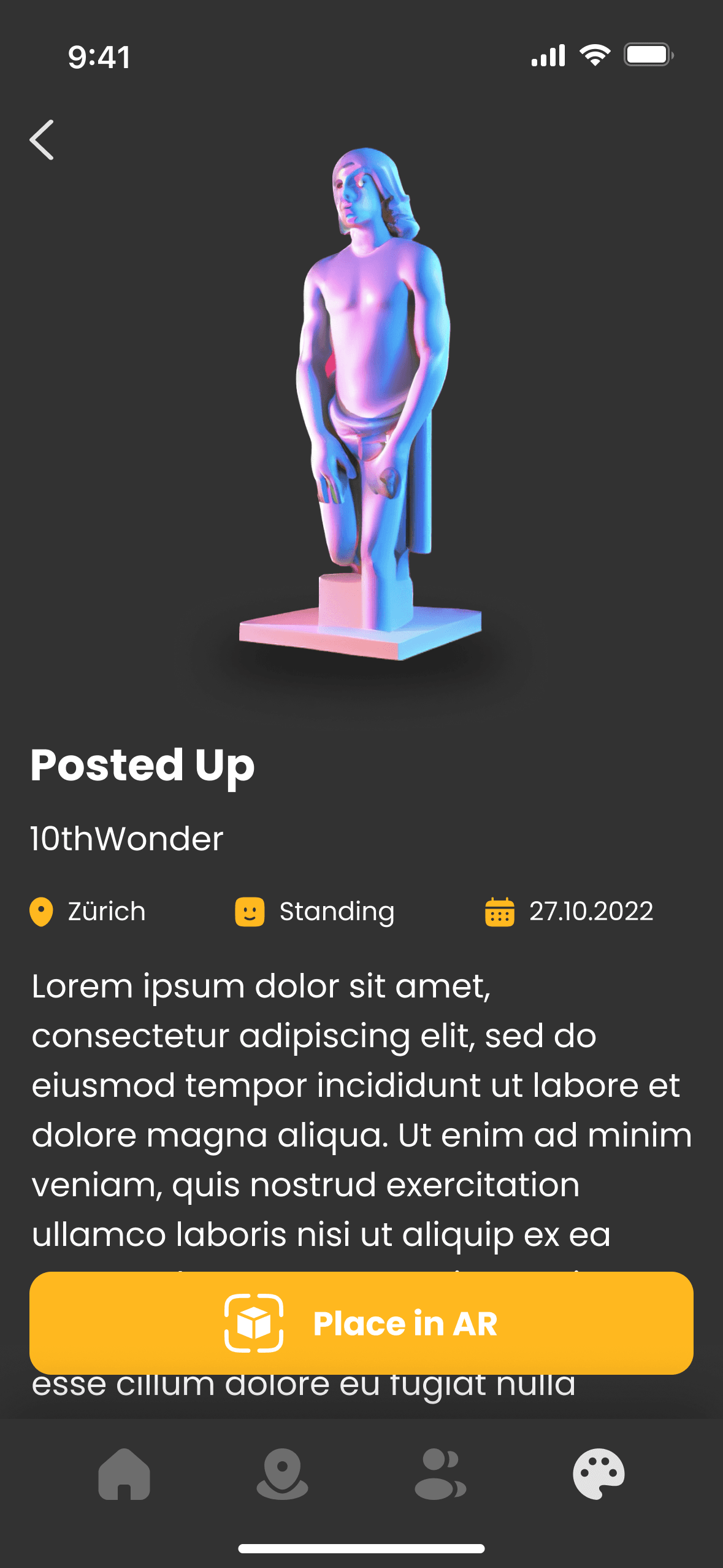Piece screen for Posted Up by 10thWonder: a pink and blue statue of a standing figure, the tags Zürich, Standing and 27.10.2022, filler body text and a yellow button reading Place in AR.