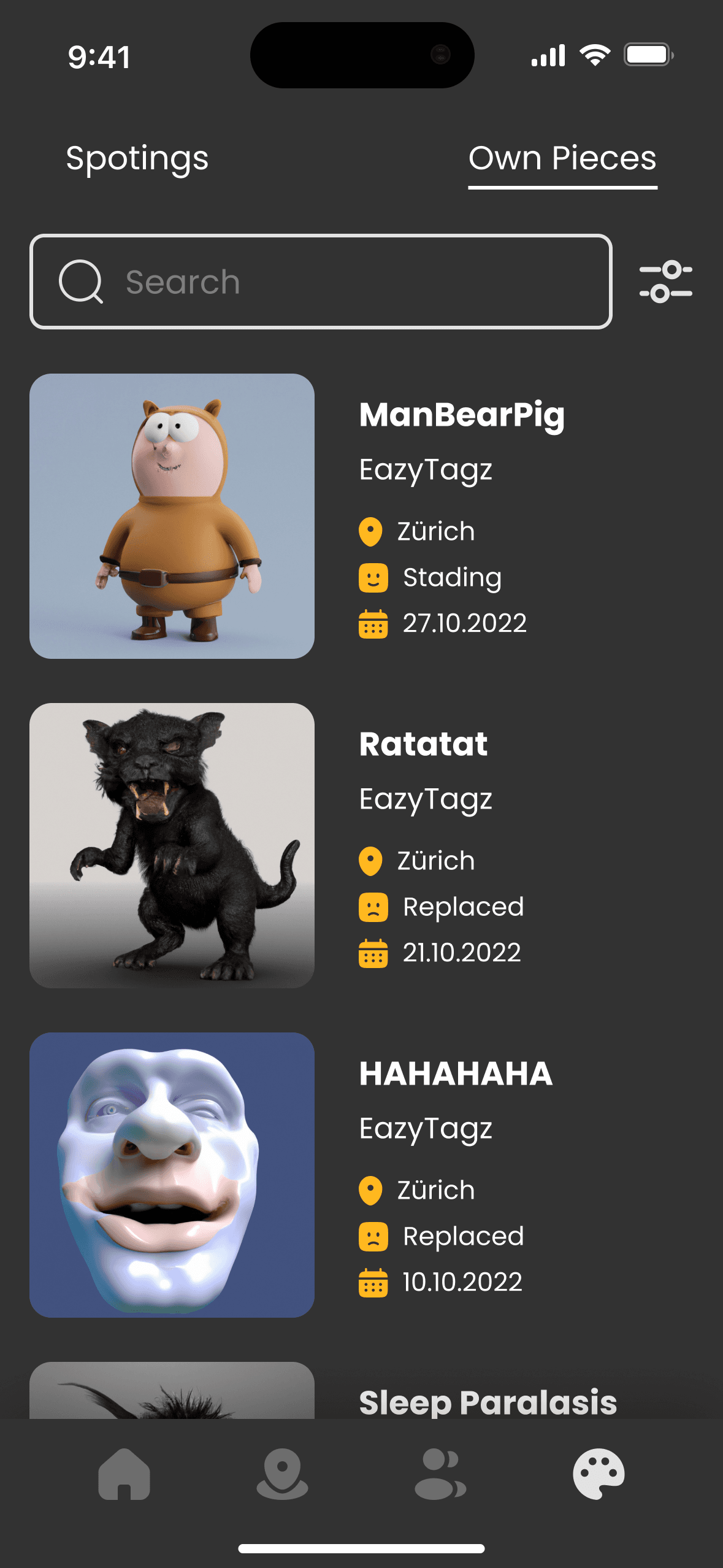 Collection screen, tab Own Pieces: a search field and a list of pieces with thumbnail, name, artist, place, status and date, among them ManBearPig, Ratatat and HAHAHAHA.