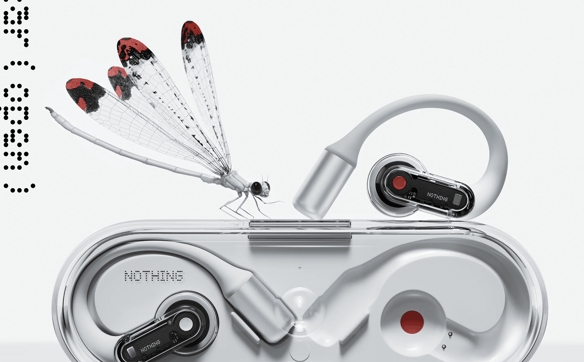 Moodboard reference: a product render of clear cased earbuds in a transparent charging case marked NOTHING, with a dragonfly sitting on them and dot matrix glyphs at the left edge.