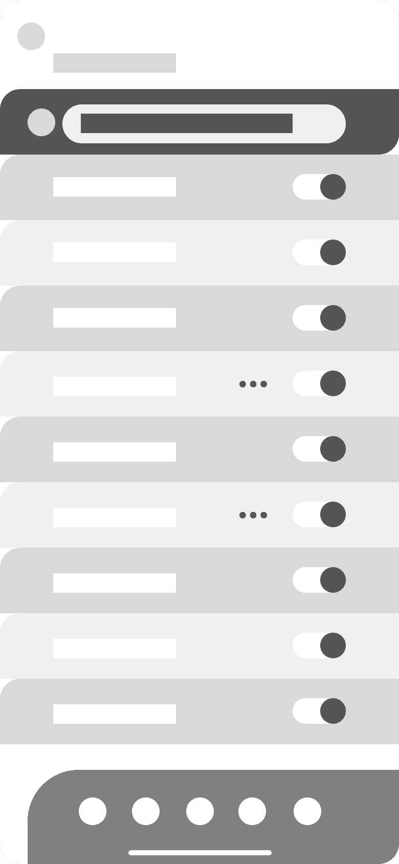 Wireframe of the allergies screen in greys: a dark bar with an input field, a list of rows each ending in a toggle, and five dots as tab bar.