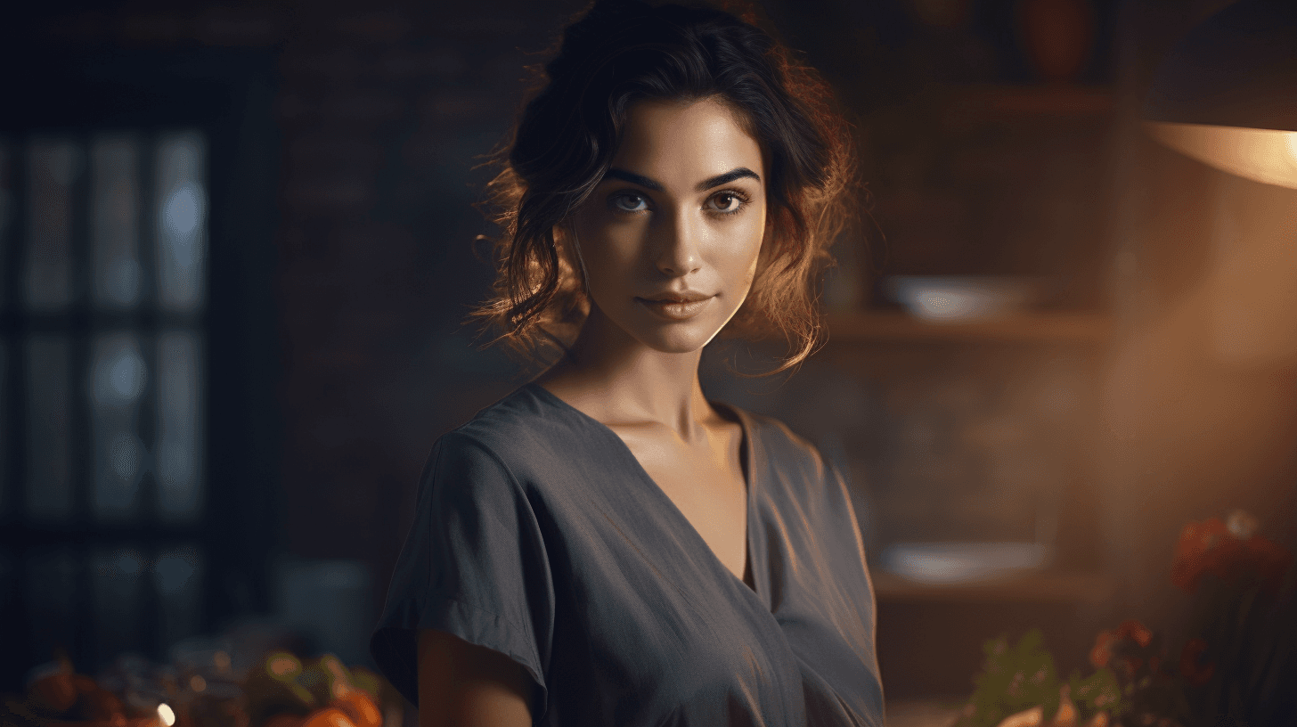 Portrait for the persona Meghan: a woman with dark wavy hair in a grey top, standing in a dim kitchen with warm light behind her.