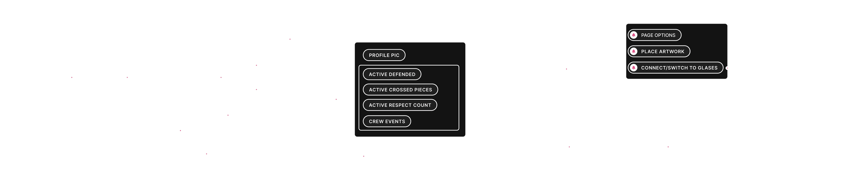 User flow diagram drawn in white lines: start and decision nodes lead through onboarding into three black panels with lists of screens, joined by arrows from left to right.