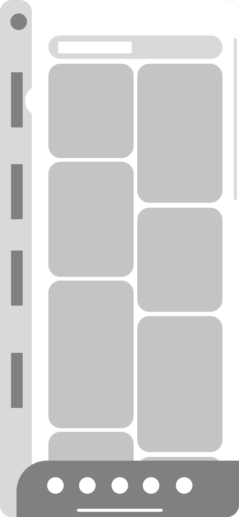 Wireframe of the search screen in greys: a rail on the left edge, a search bar, two columns of tiles of different heights and five dots as tab bar.