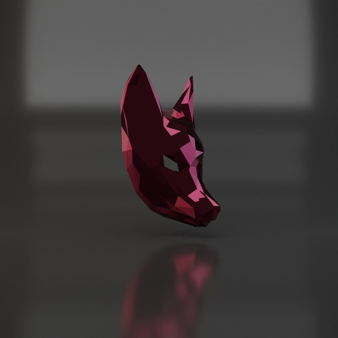 3D render of a dark red low poly fox mask on a dark reflective surface.