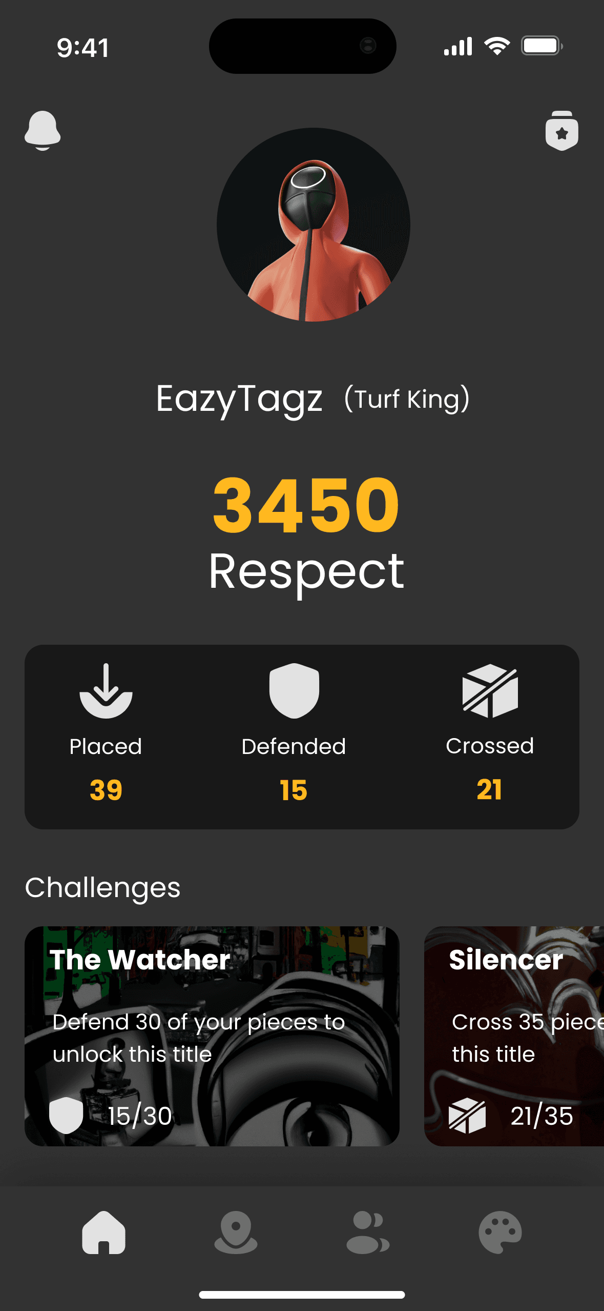 Home screen of the Visible app, dark grey: a round avatar, the name EazyTagz with the title Turf King, 3450 Respect in yellow, counters for Placed 39, Defended 15 and Crossed 21, two challenge cards named The Watcher and Silencer, and a tab bar with four icons.