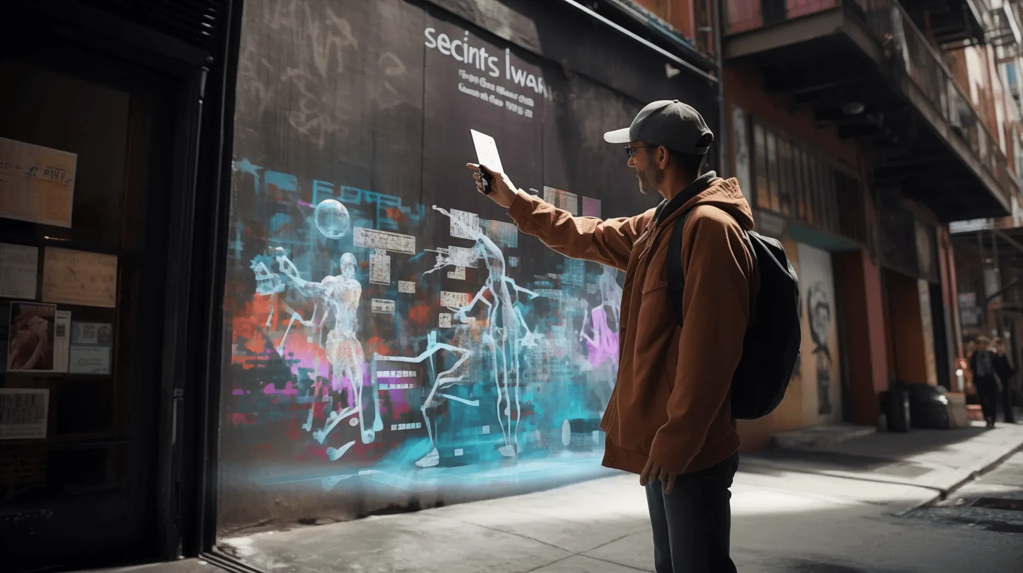A man in a cap and brown jacket holds a phone up to a shop front in a city street. Glowing light blue figures and shapes appear on the glass in front of him.