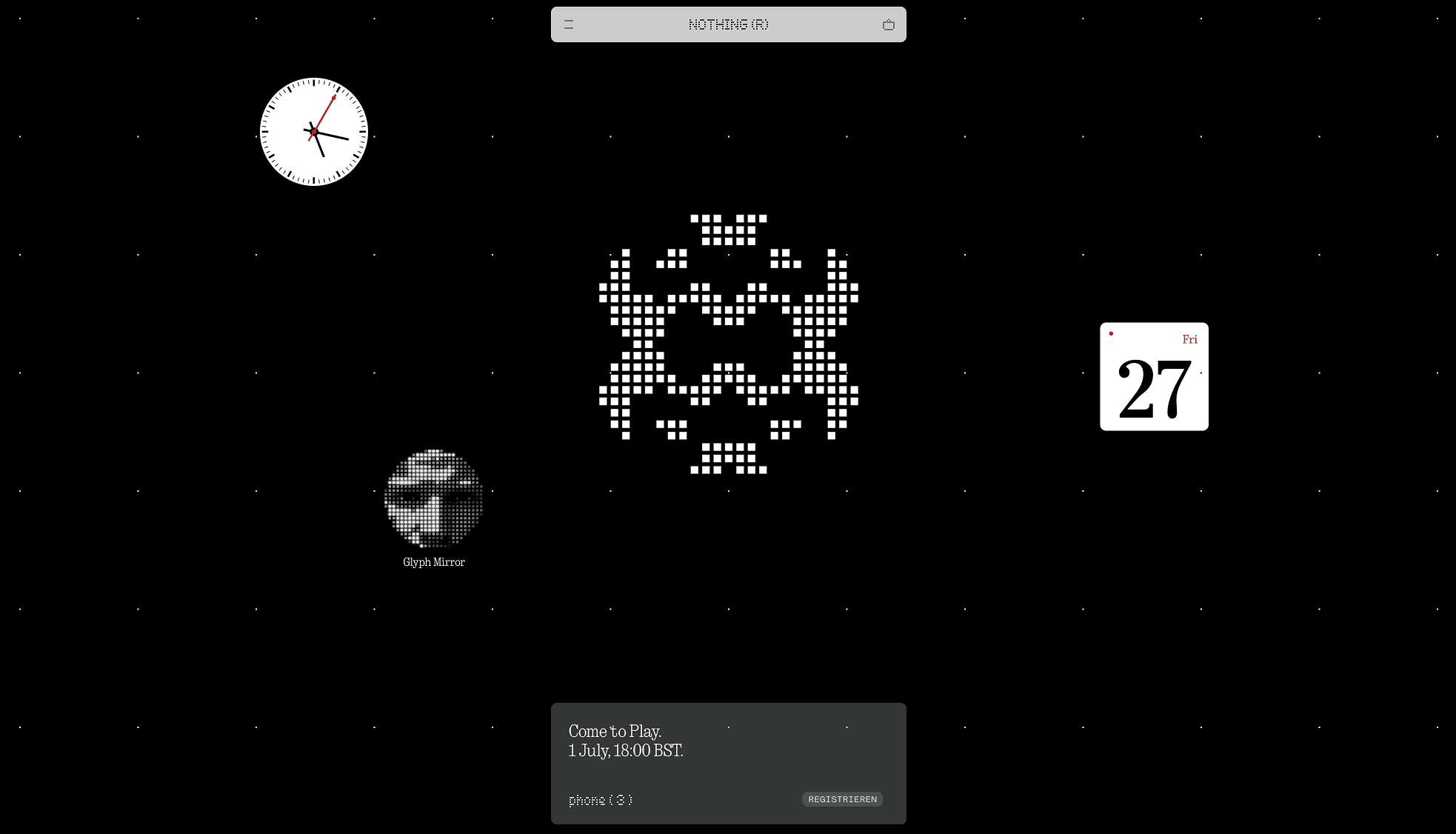 Moodboard reference: a black interface with a white analogue clock, a figure drawn in a dot matrix, a calendar tile showing 27 and a small dark card.