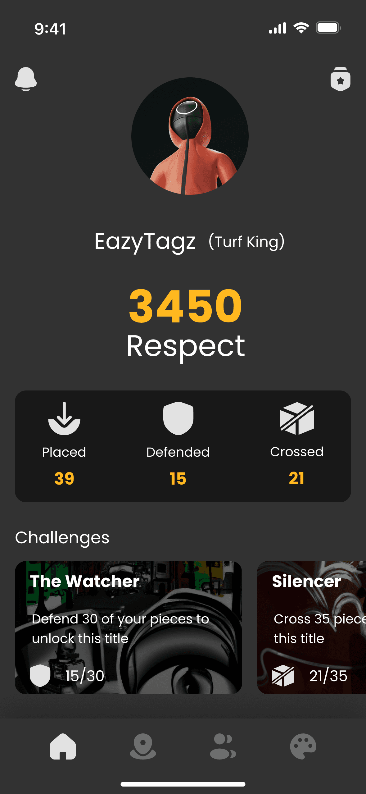 Home screen of the Visible app, dark grey: a round avatar, the name EazyTagz with the title Turf King, 3450 Respect in yellow, counters for Placed 39, Defended 15 and Crossed 21, two challenge cards named The Watcher and Silencer, and a tab bar with four icons.