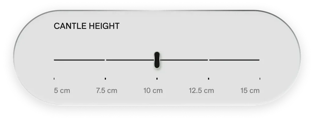 Cantle Height slider: a light pill with a horizontal line, a black handle on 10 cm and ticks at 5, 7.5, 10, 12.5 and 15 cm.