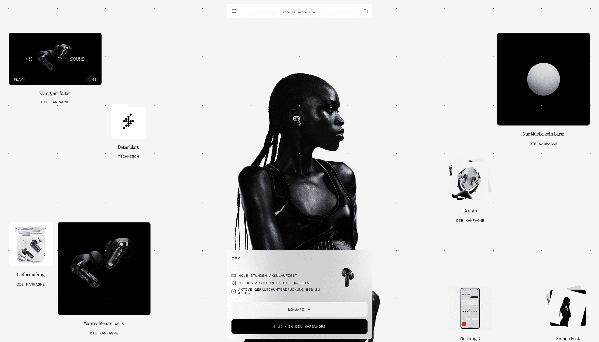 Moodboard reference: a white web page with a black and white portrait of a person in profile wearing earbuds, surrounded by small product tiles.