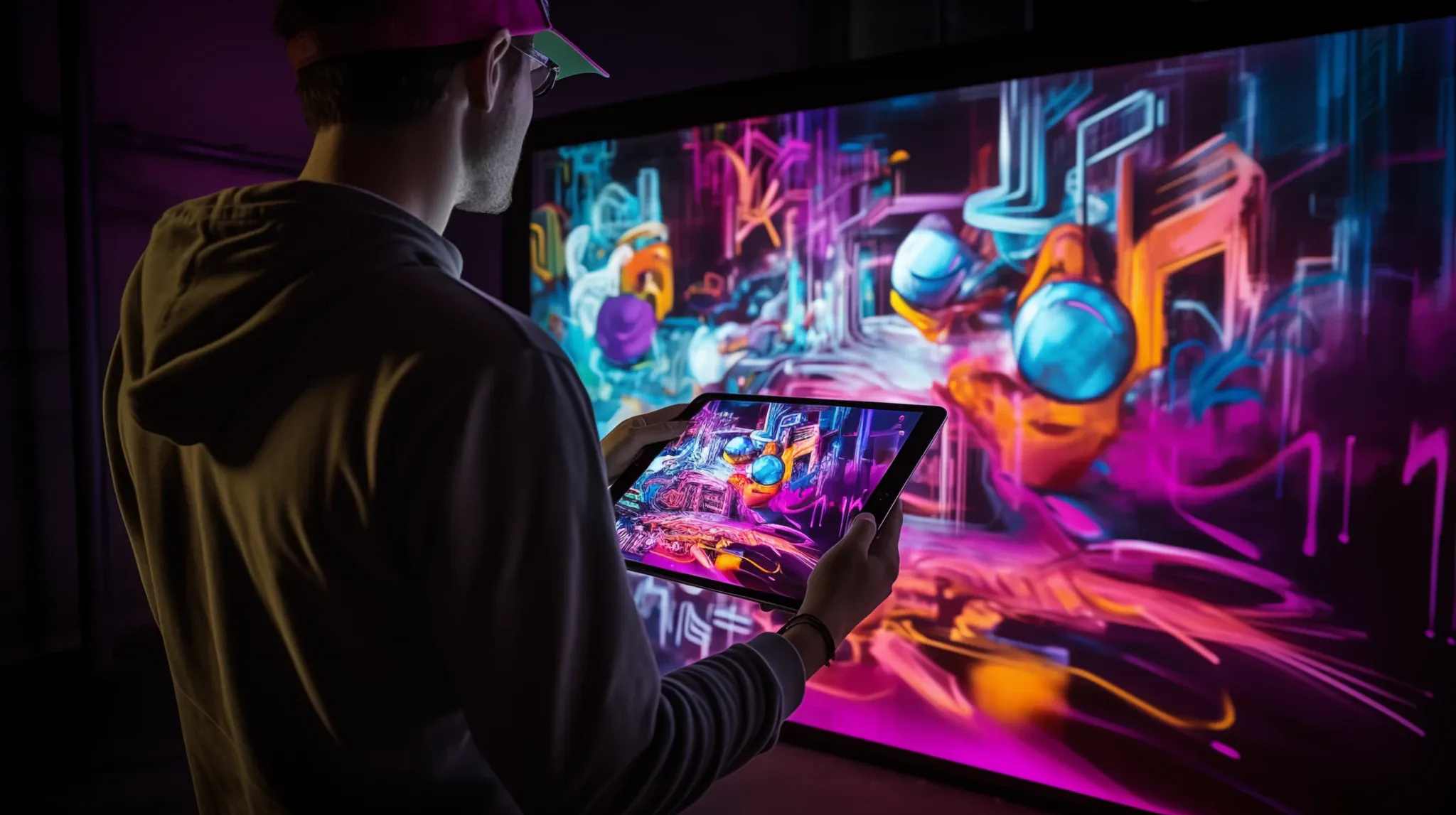 A man in a cap holds a tablet in front of a wall covered in bright graffiti in pink, orange and blue. The tablet shows the same artwork.