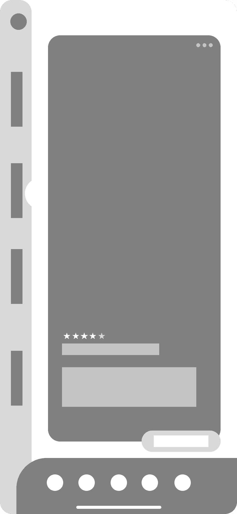 Wireframe of the discover screen in greys: a rail on the left edge, one tall card with five small stars, two text blocks and a small button, and five dots as tab bar.