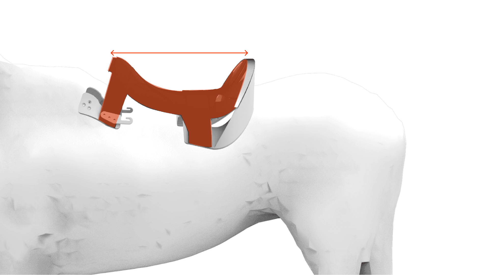Diagram: the FlexBody in orange on a white horse model, with a horizontal arrow above it marking its length.