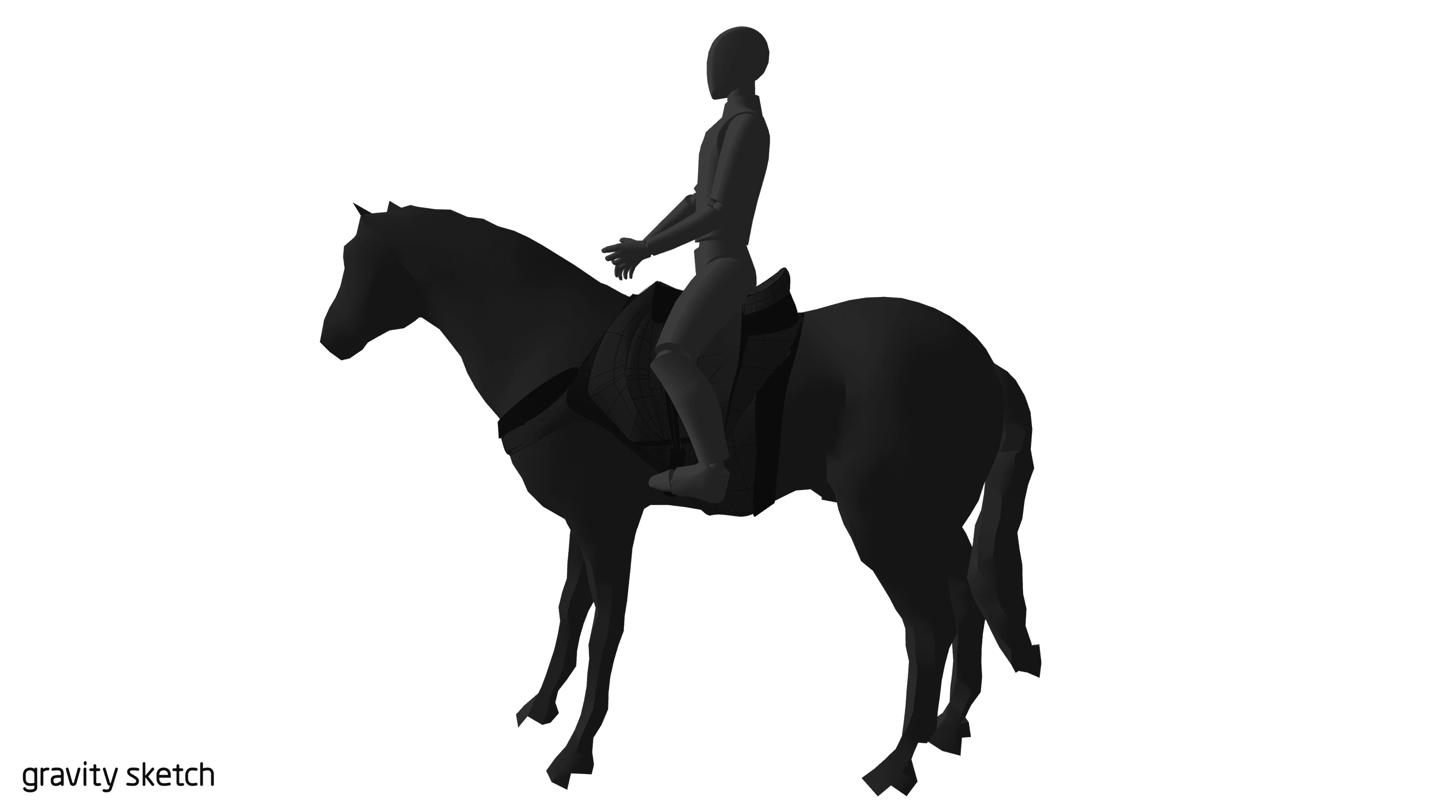 Gravity Sketch model: a dark rider on a dark horse, seen from the side.