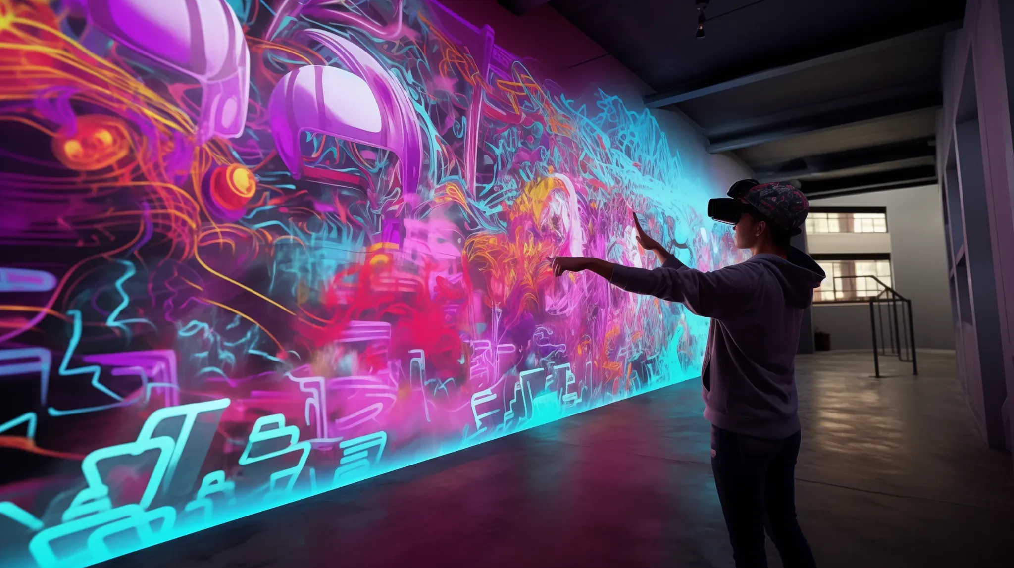 A person wearing a headset reaches out towards a long wall covered in glowing neon graffiti in pink, orange and light blue, inside a dark hall.