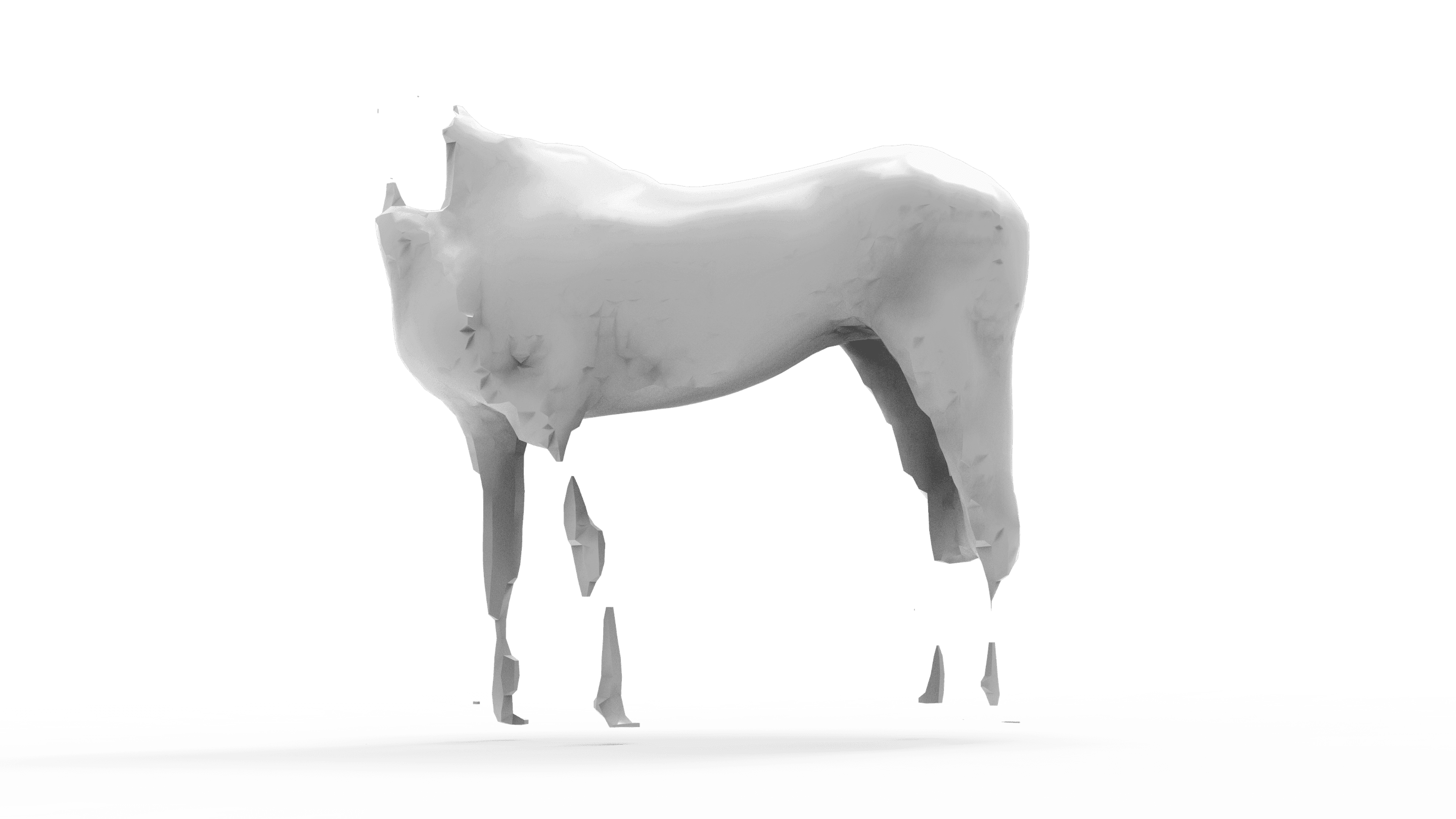 White untextured 3D scan of a horse's body without the head, the legs partly missing.