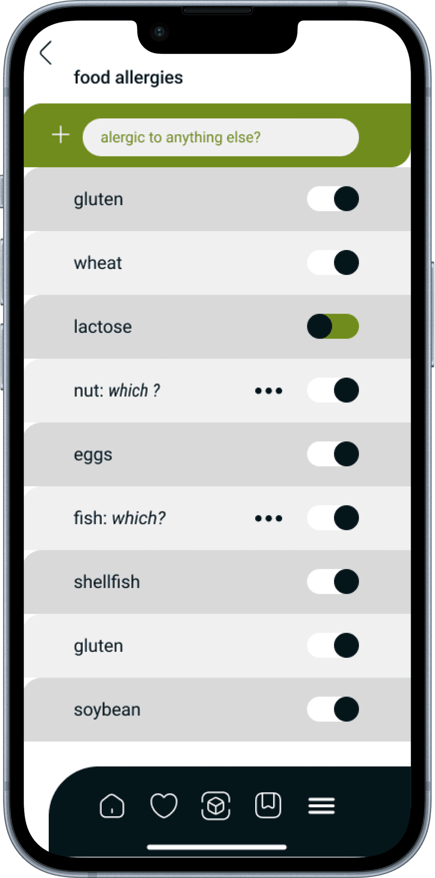 The food allergies screen in a phone frame: an olive green bar with the field alergic to anything else?, and a list with toggles for gluten, wheat, lactose, nut, eggs, fish, shellfish, gluten and soybean. Only lactose is switched on.