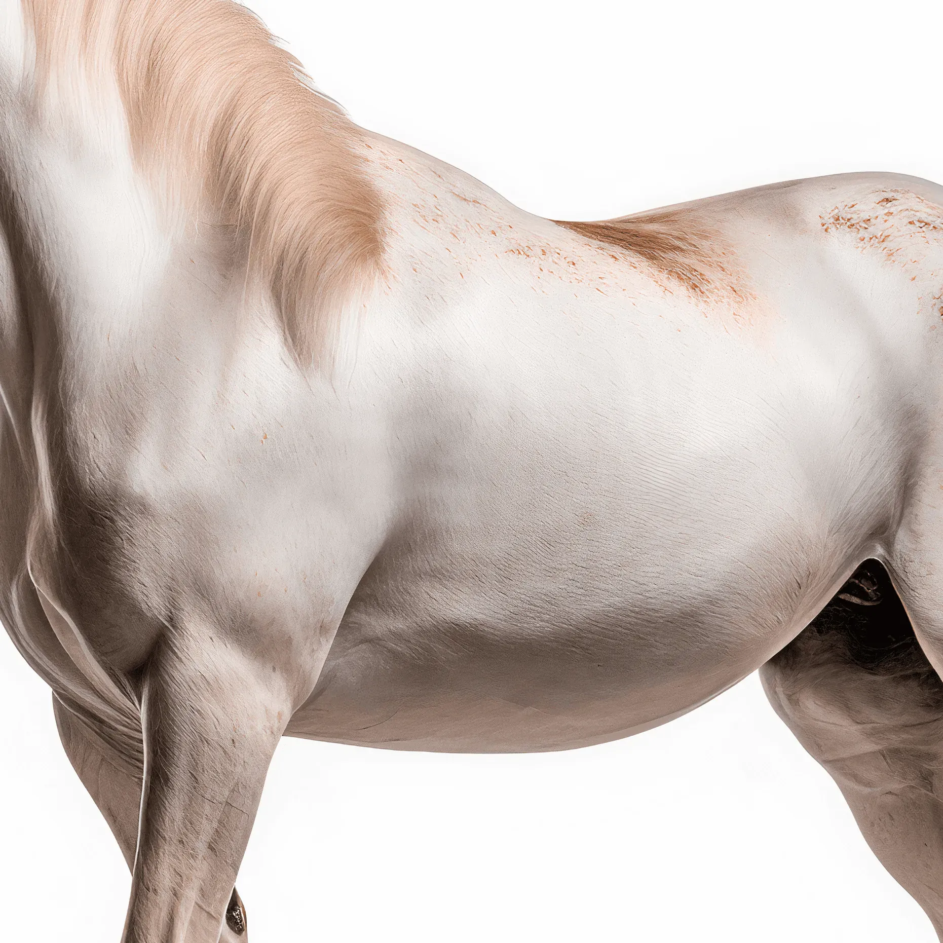 Side view of a pale cream horse's back and shoulder on a white ground.