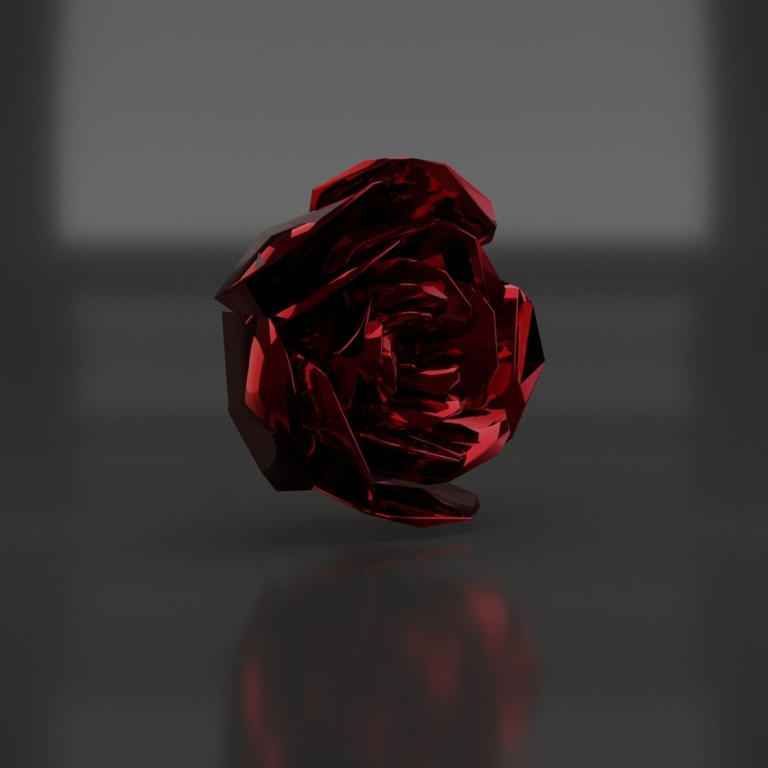 3D render of a red low poly rose on a dark reflective surface.