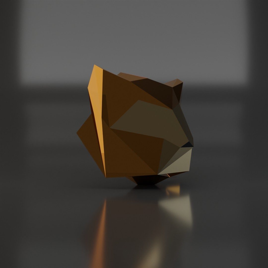 3D render of an orange low poly animal head on a dark reflective surface.