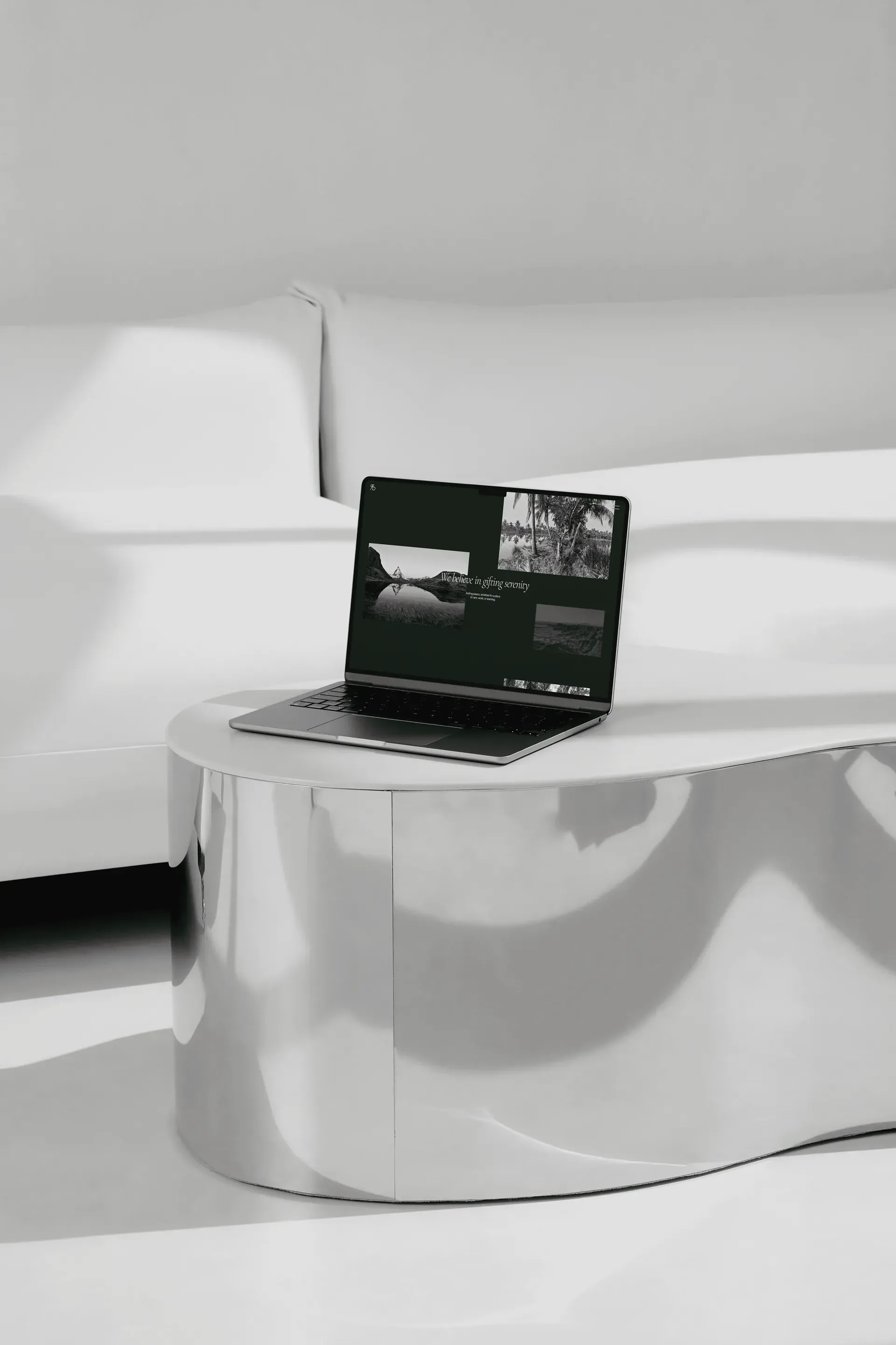 Black and white photo of an open laptop standing on a rounded chrome side table in front of a white sofa. Its dark screen shows the Transforming Spaces Association website with three nature photographs and the line We believe in gifting serenity.