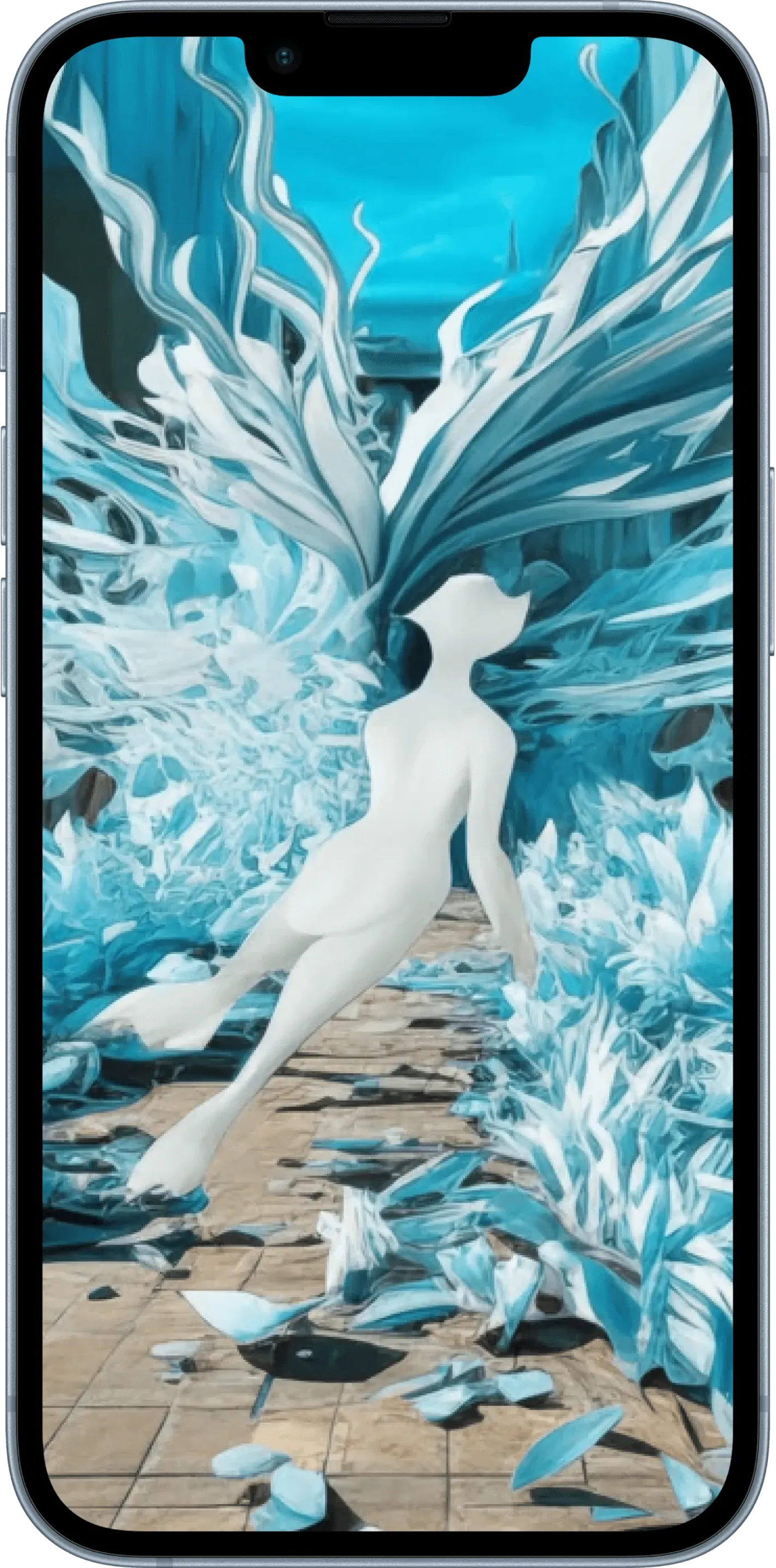 A phone showing an AR view: a white sculpture of a running figure surrounded by white and blue feather shapes, placed on a paved square.