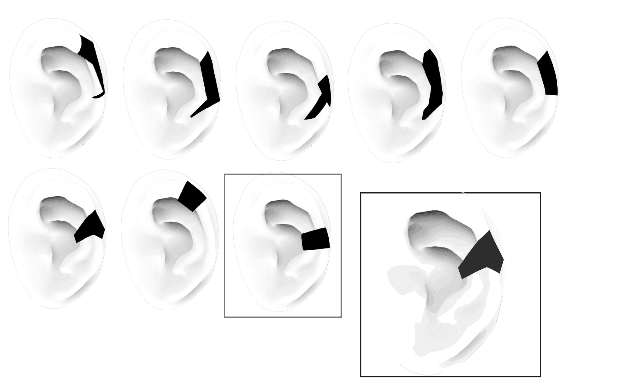 Eight white ear models, each with a black earbud shape in a different position. The last one is framed and shown again larger: a black angular clip on the outer ear.