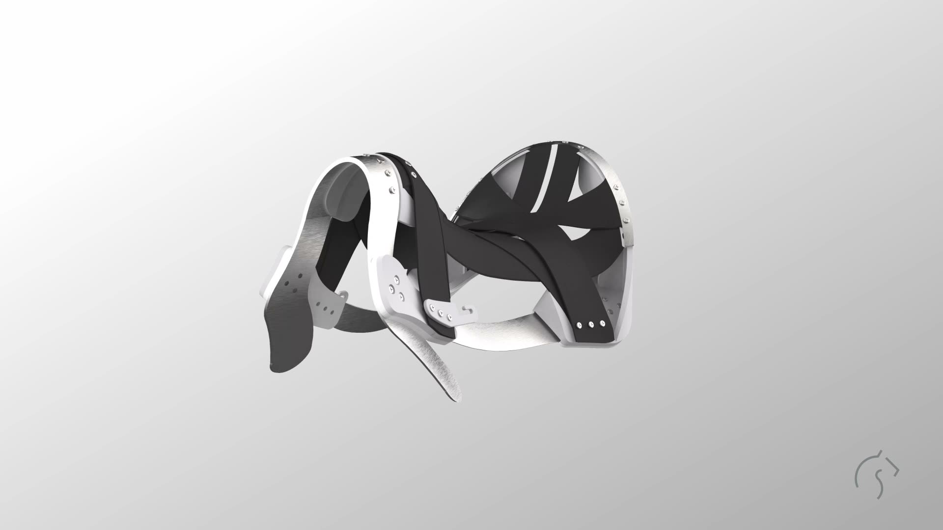 Film loop: the FlexFit saddle tree, a black web with white and metal parts, turns on a light grey ground.