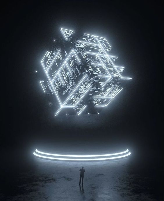 Moodboard reference: a glowing white wireframe cube made of fine lines floats above a ring of light, a small figure stands below it in the dark.