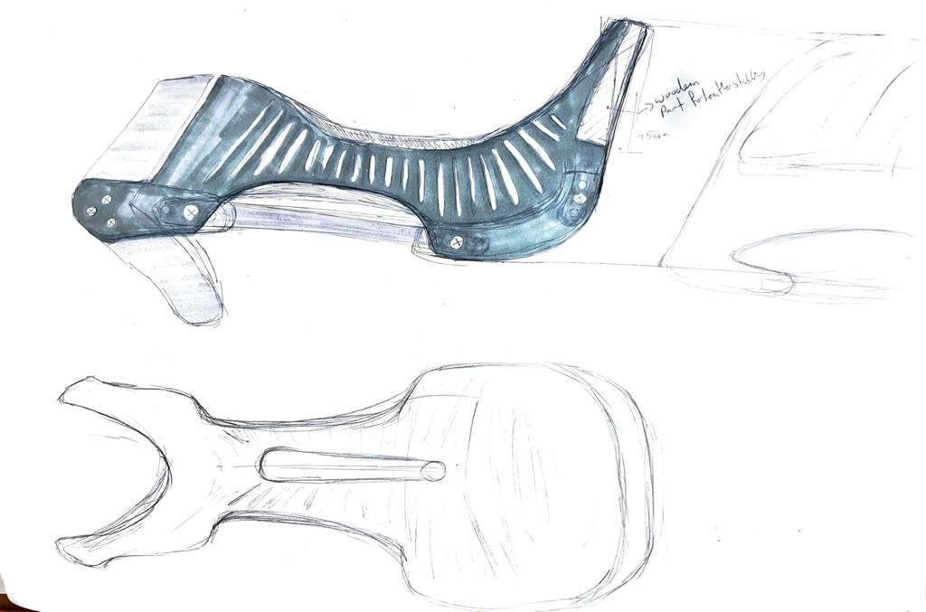 Marker sketch of a ribbed saddle tree part in blue grey, above a pencil outline of the tree seen from above.