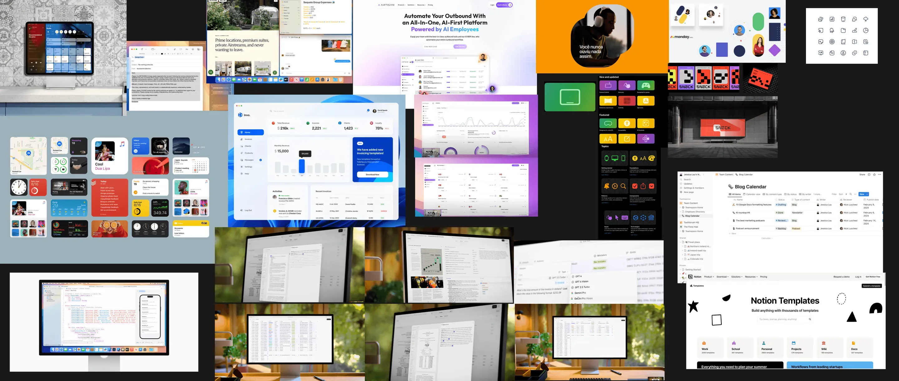 Moodboard collage: dashboard interfaces, widget grids, icon sets, bold colour blocks in orange, green and violet, desk setups with large displays, and a template library page.