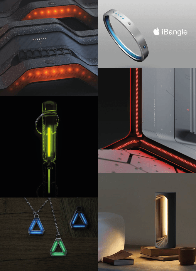 Moodboard reference: objects with lines of light, orange glowing strips on a dark device, a silver bangle with a blue light, a green glowing capsule, a red light line along a corner, three glowing triangle pendants and a slatted lamp.