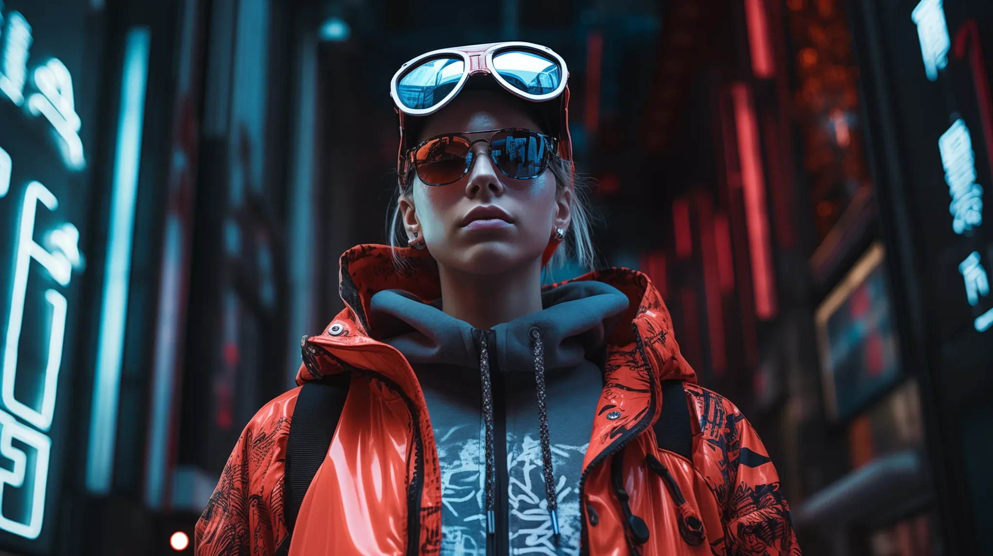 Persona picture: a young woman in a red jacket with sunglasses and goggles on her cap stands in a street lit by blue and red neon signs.