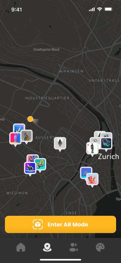 Map screen: a dark street map of Zürich with clusters of small artwork thumbnails pinned to places, a yellow dot for the own position, and a yellow button reading Enter AR Mode above the tab bar.
