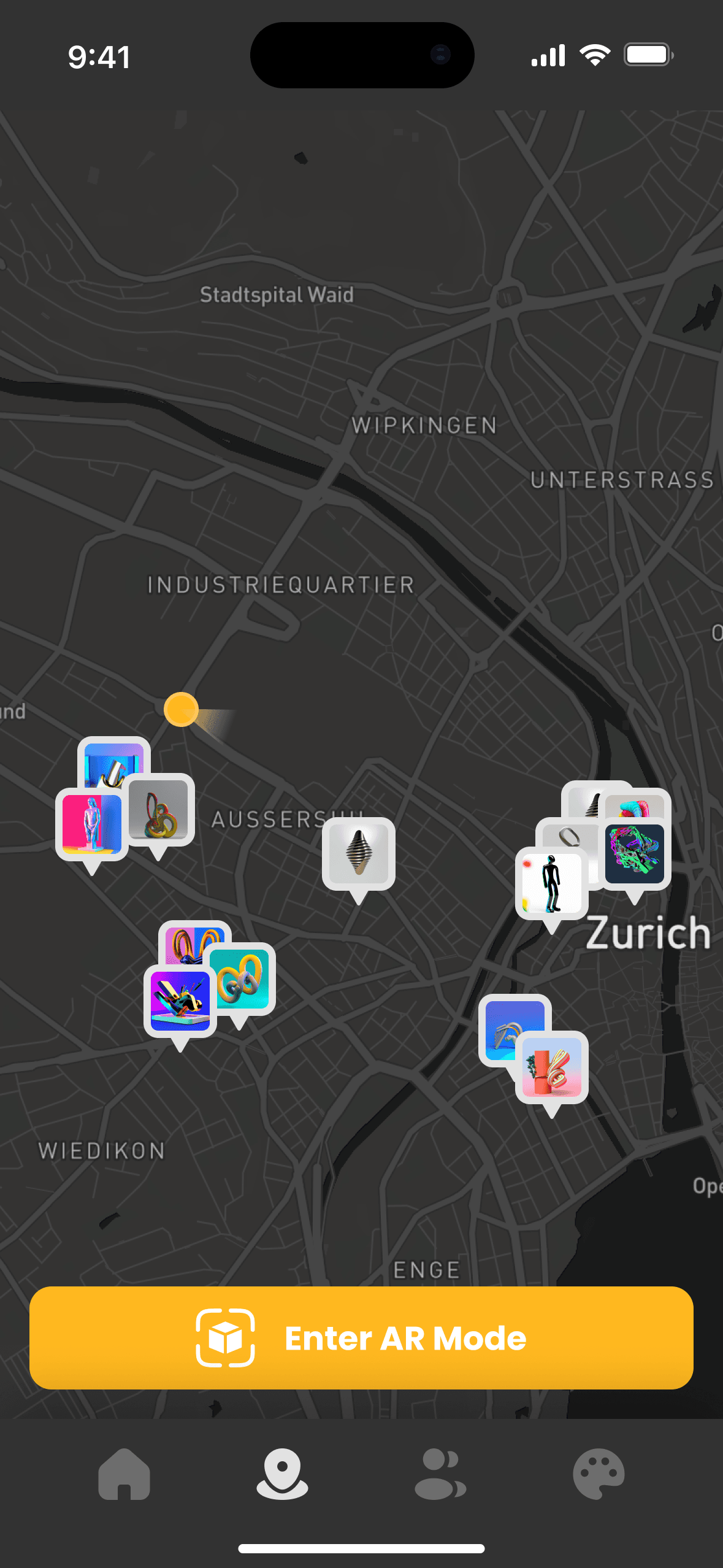 Map screen: a dark street map of Zürich with clusters of small artwork thumbnails pinned to places, a yellow dot for the own position, and a yellow button reading Enter AR Mode above the tab bar.