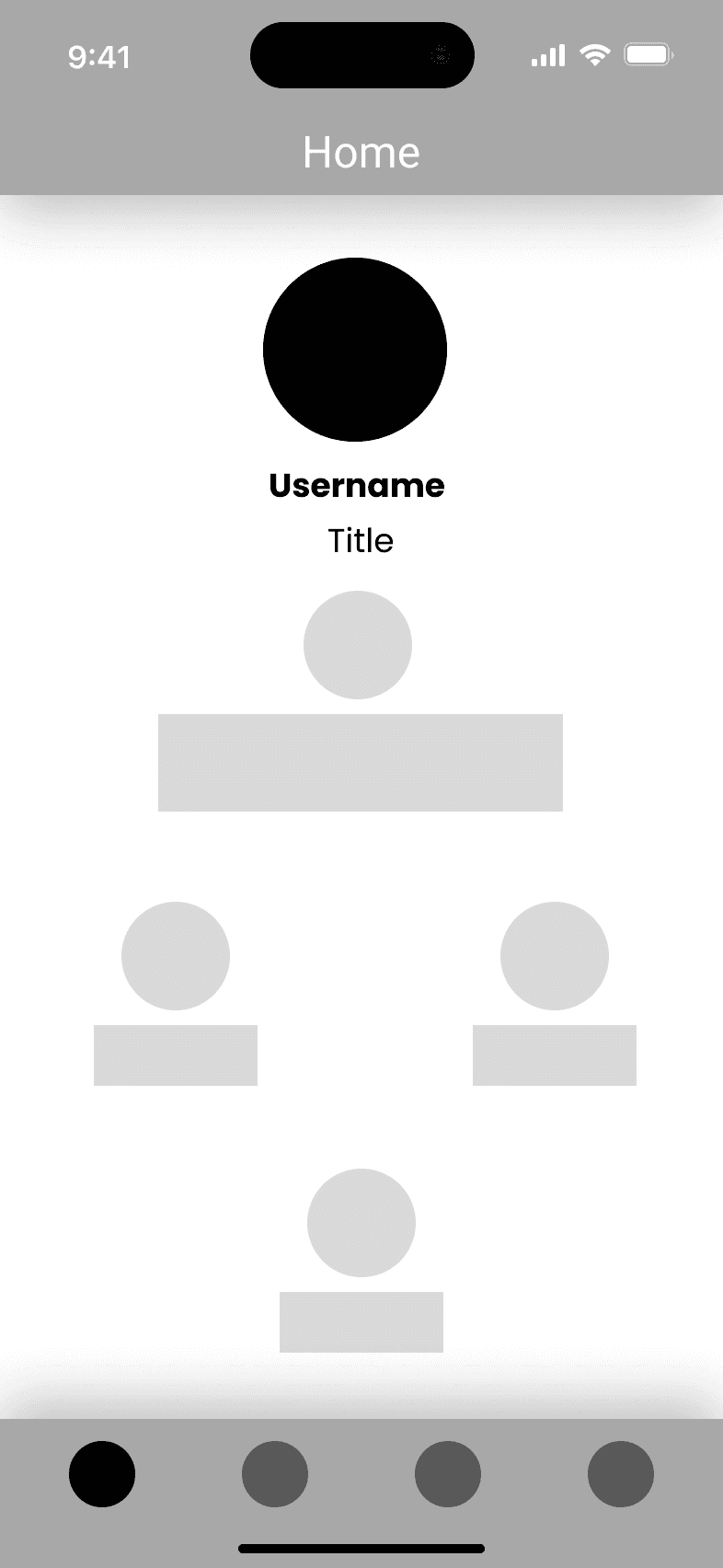 Wireframe of the home screen in grey: a round avatar, lines for username and title, grey blocks for counters and four dots as tab bar.