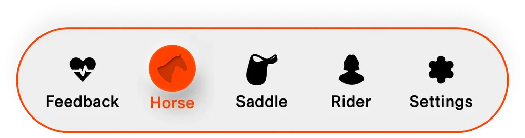 Navigation bar: a pill outlined in orange with five icons, Feedback, Horse, Saddle, Rider and Settings. Horse is selected, on an orange disc.