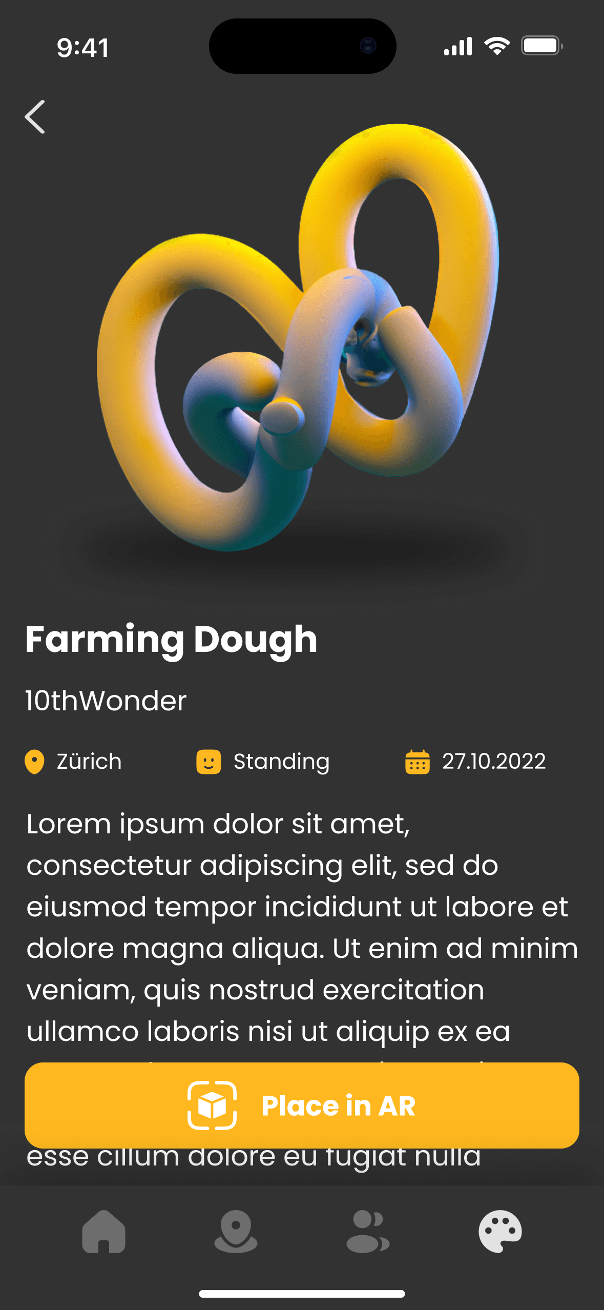Piece screen for Farming Dough by 10thWonder: a yellow and blue knotted 3D shape, the tags Zürich, Standing and 27.10.2022, filler body text and a yellow button reading Place in AR.