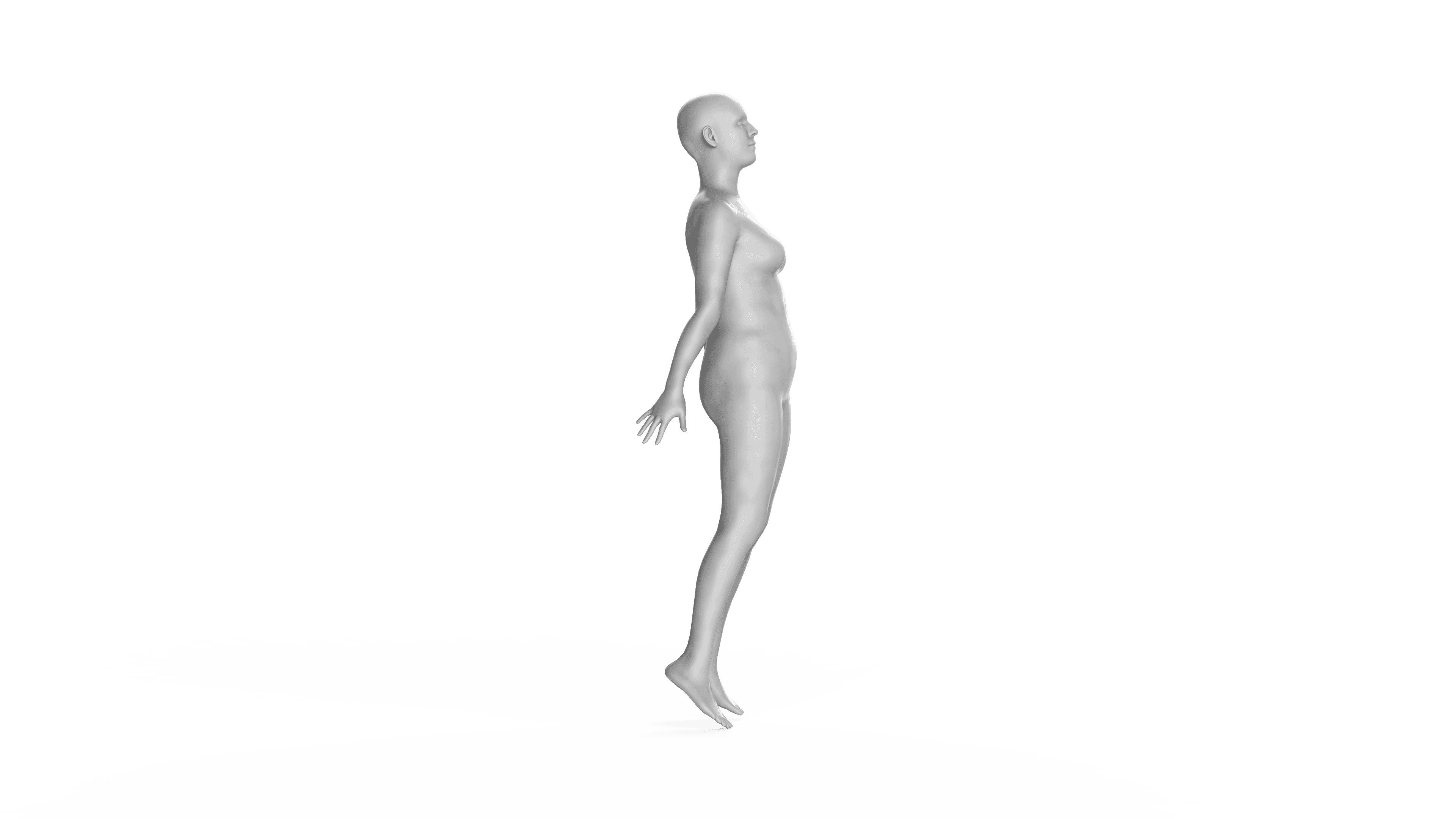 White 3D body scan of a standing woman, seen from the side.