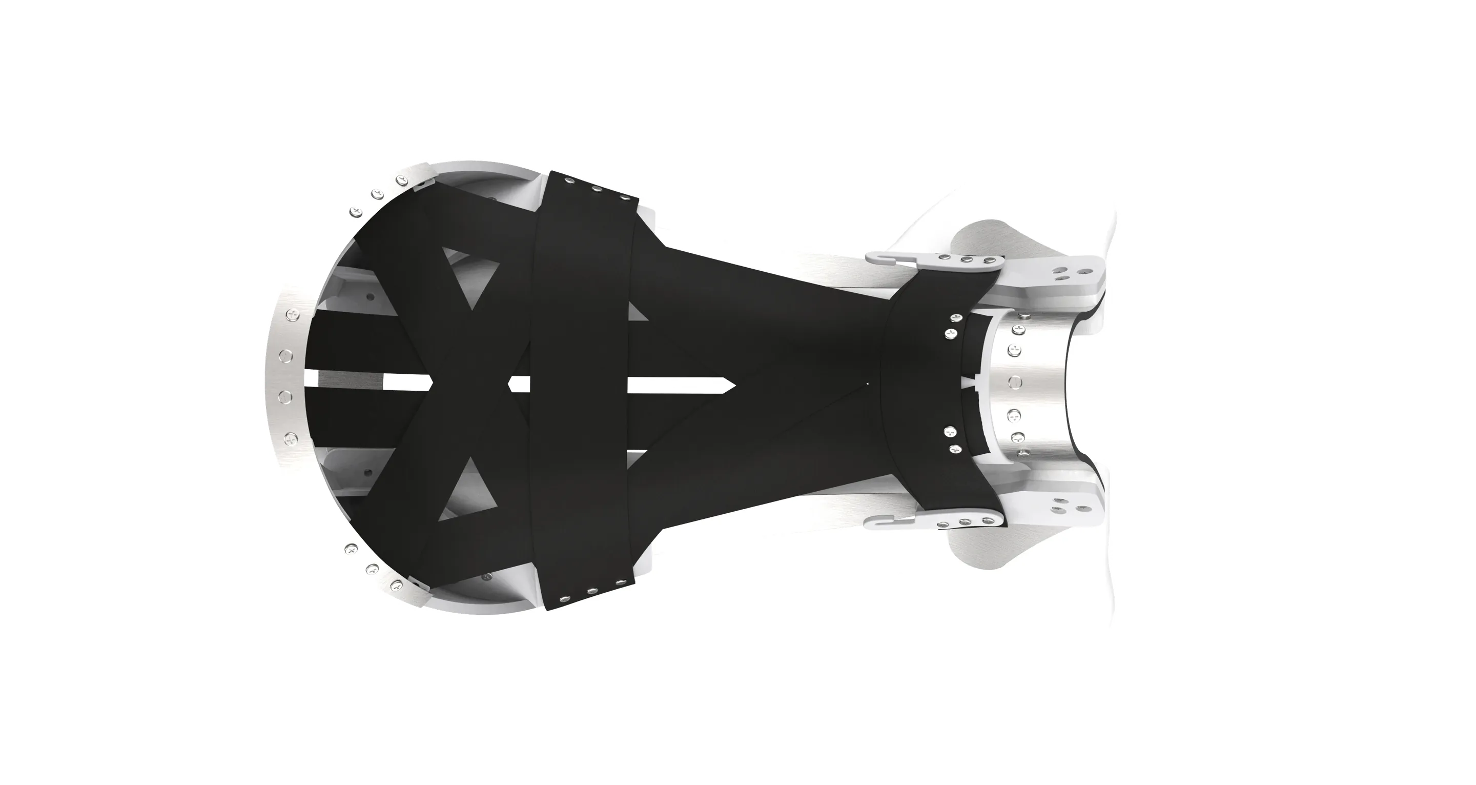 Render of the FlexBody from above: a black web with triangular cut outs between a metal cantle arc and a white front piece.