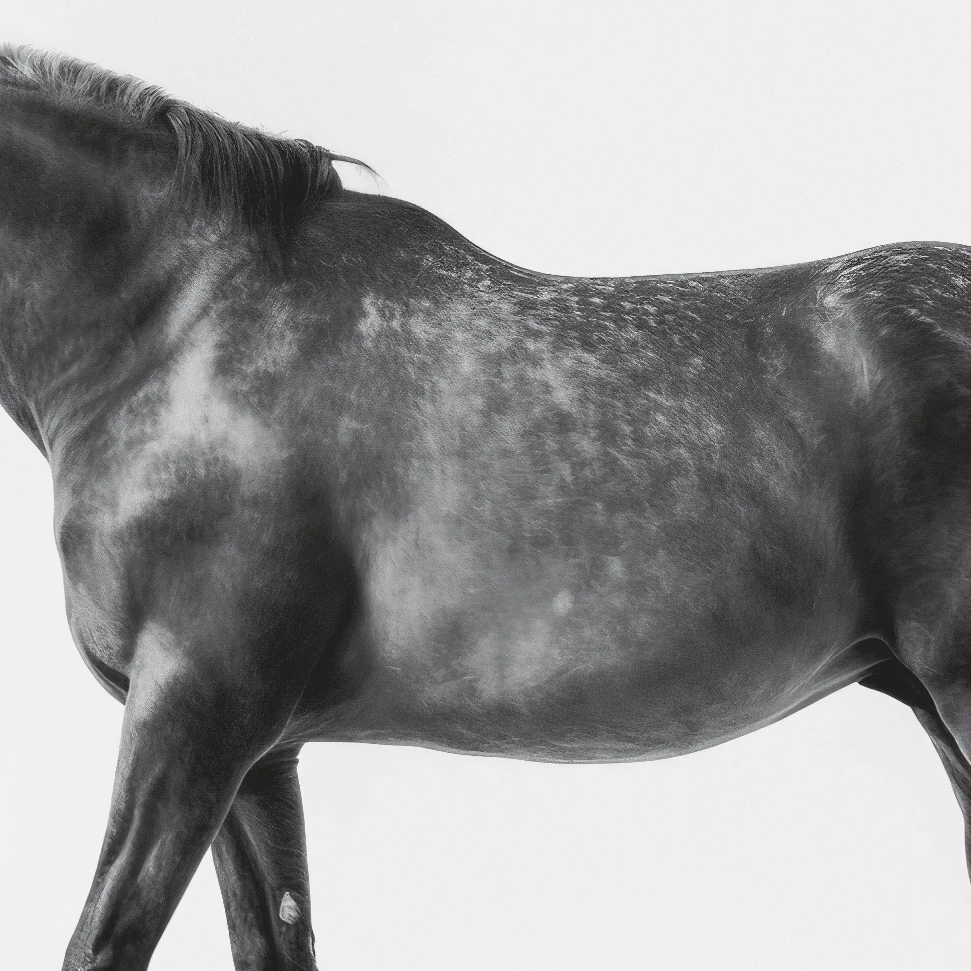 Side view of a dark dapple grey horse's back on a light ground.