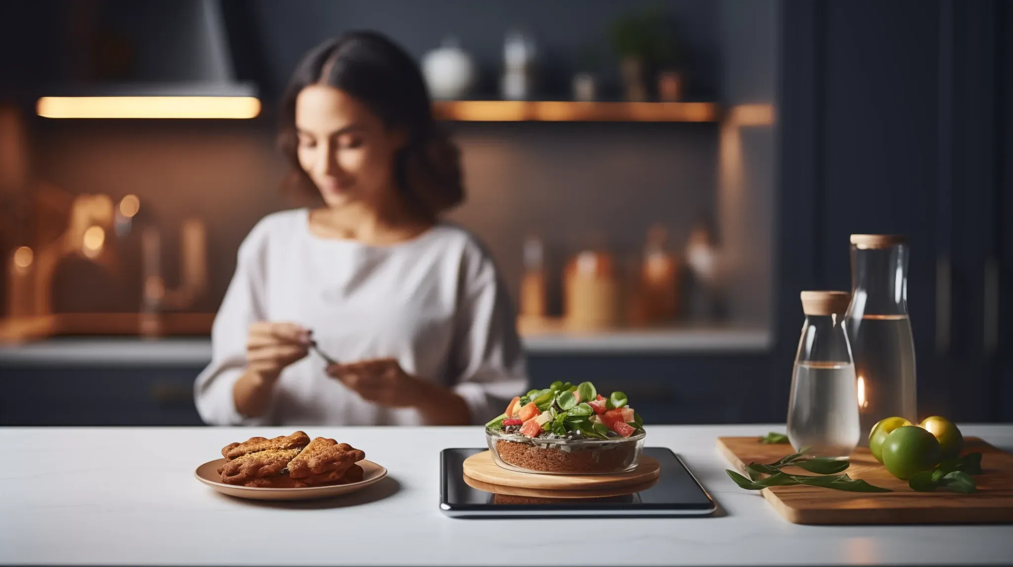 A woman in a white blouse stands at a kitchen counter and looks down at a phone in her hands. In front of her a plate of cutlets, a bowl of salad, glass bottles and limes.