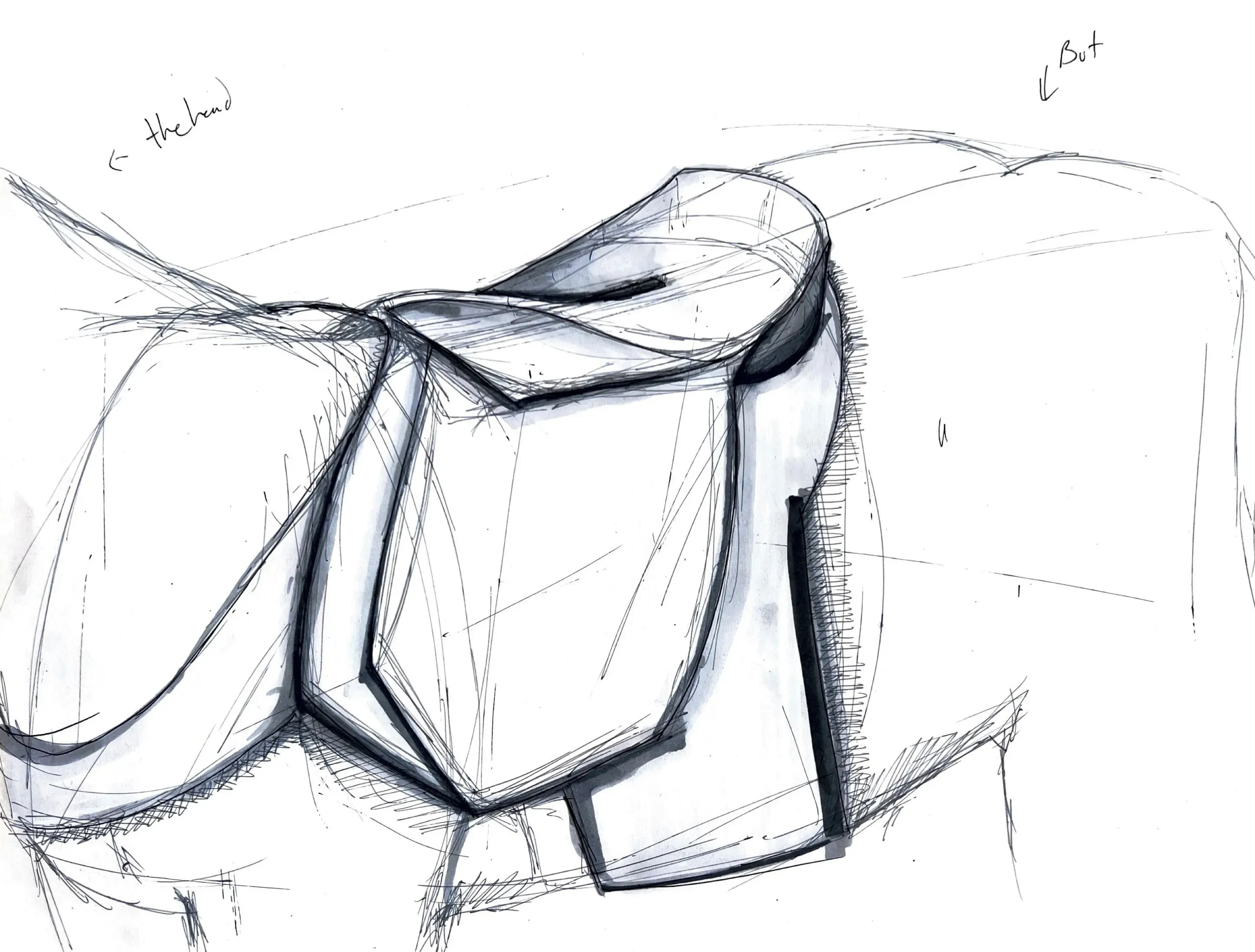 Pencil and marker sketch of a saddle on a horse's back, with heavy black outlines.