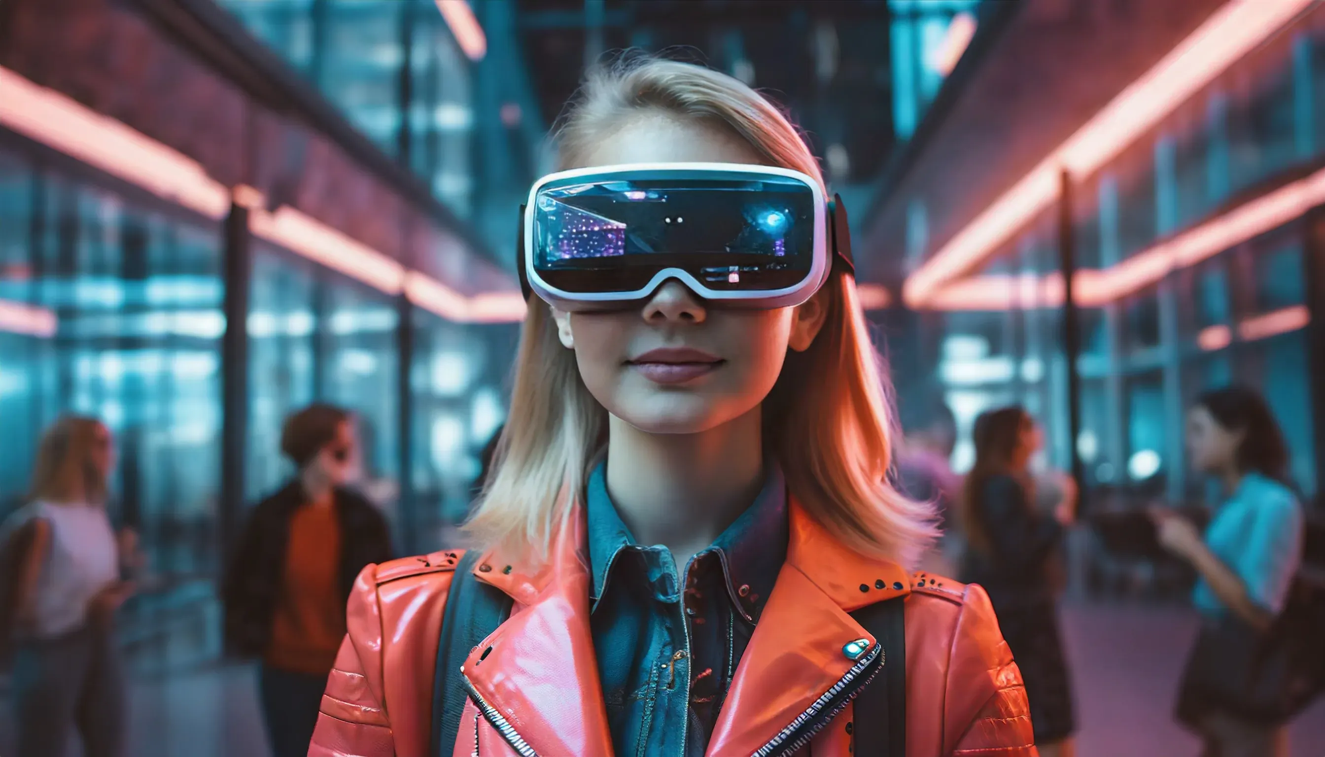 A young woman with blonde hair wears a white headset with a glowing visor and a red leather jacket. Behind her, people stand in a hall lit by pink and blue neon lines.