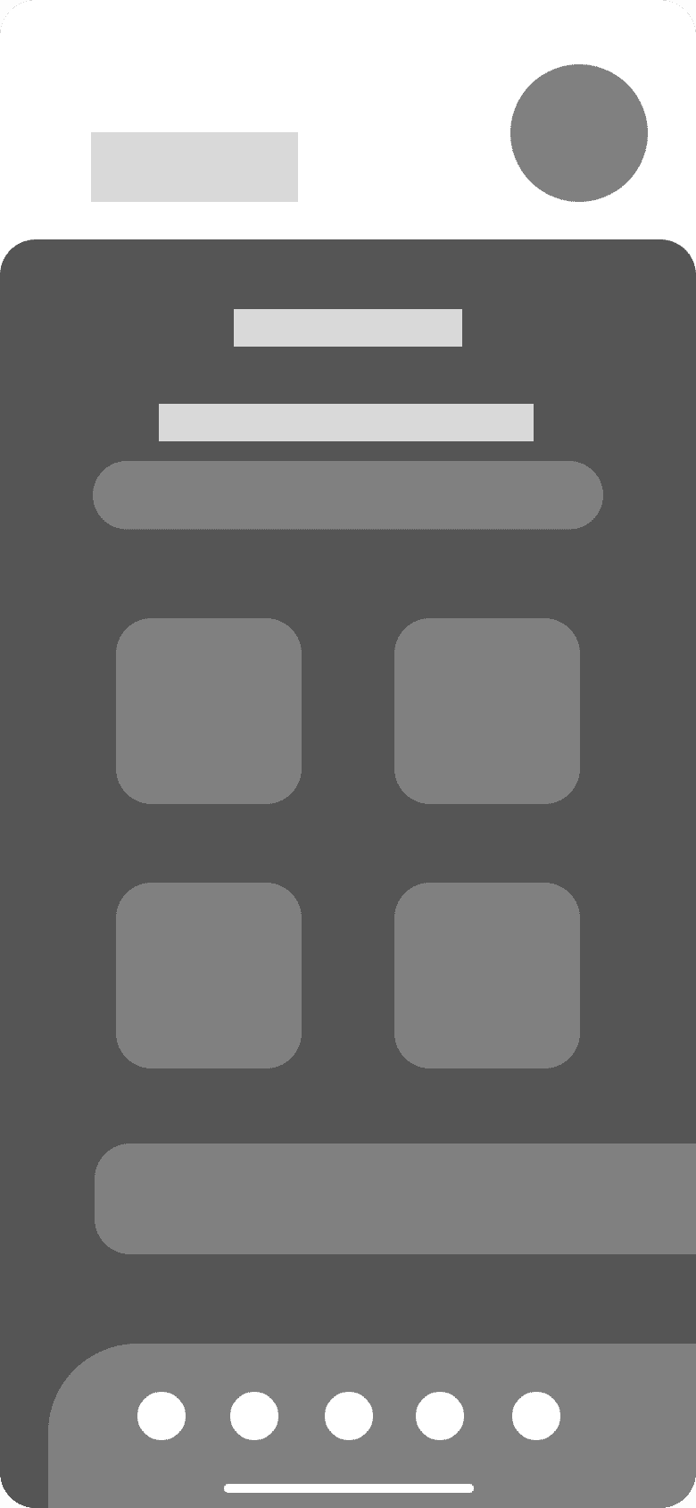 Wireframe of the home screen in greys: a round avatar, a dark panel with a title bar, a search bar, four square tiles, one wide bar and five dots as tab bar.