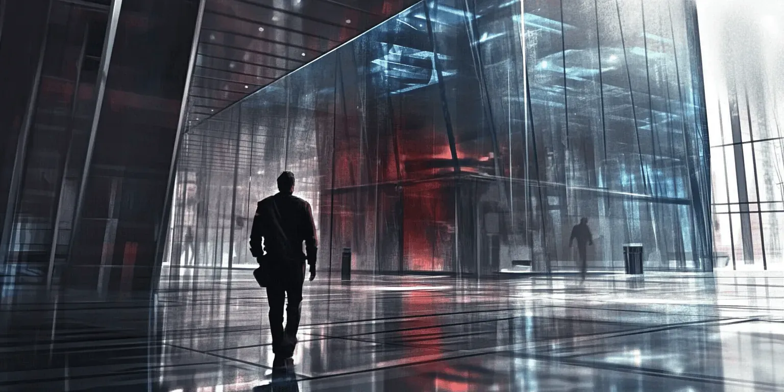 A man seen from behind walks through a hall of glass and steel with a wet, reflecting floor, lit in cold blue with red light further back.