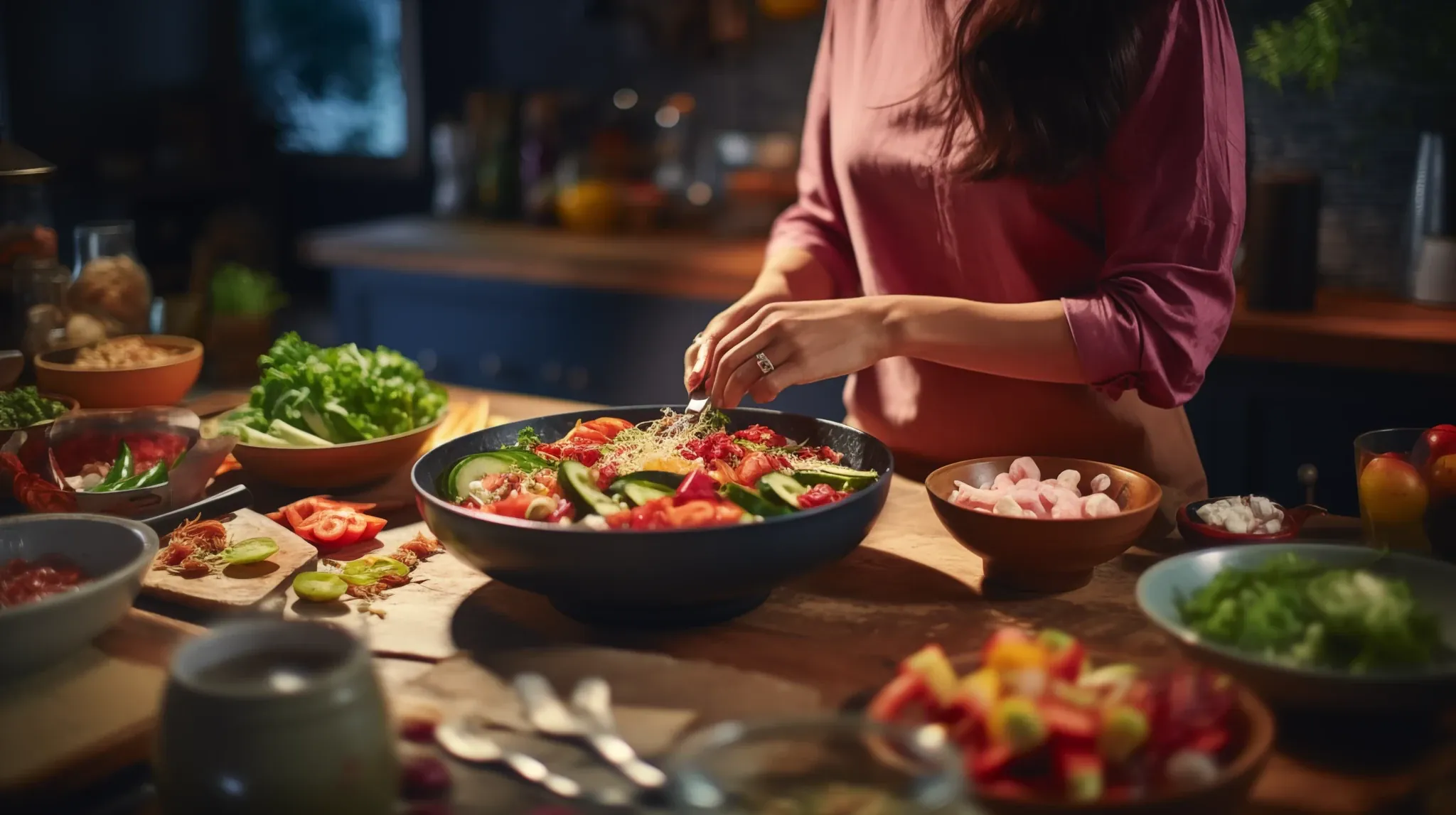 A woman in a pink top seasons a large bowl of salad on a wooden counter covered with bowls of vegetables, herbs and cutlery, in a dim kitchen.