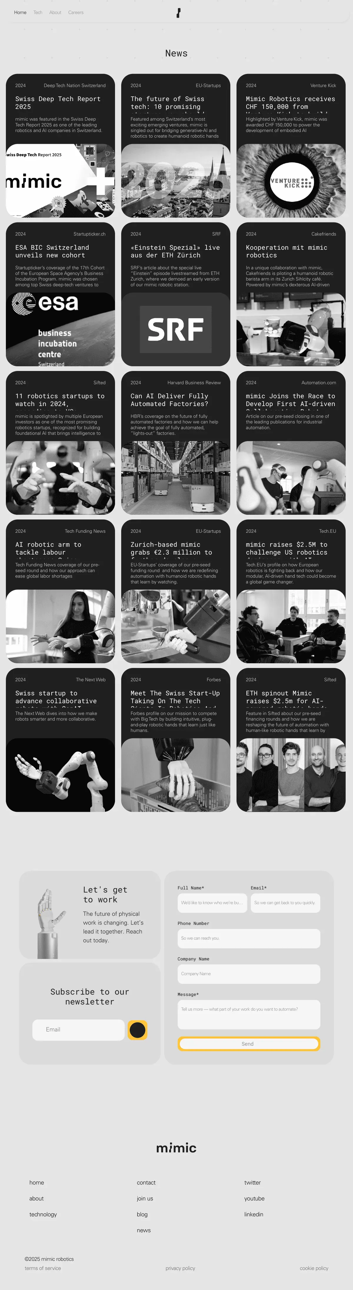 Full capture of the News page: a grid of dark article cards in three columns, each with a year, a source, a title, a short text and a black and white picture, then a contact form and the footer.